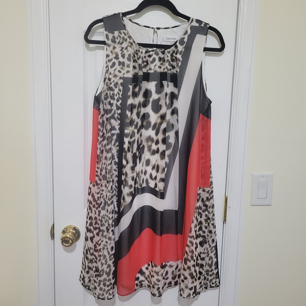 Calvin Klein Leopard Geometric Print Sleeveless Shift Dress Red Black White 10